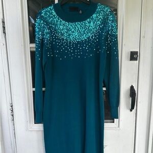 Sequined Teal Long-Sleeve Dress